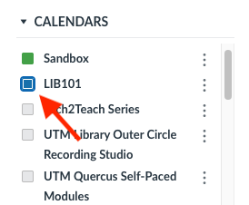 Screenshot of a list of calendars with a red arrow pointing to the coloured boxes which activate the calendar