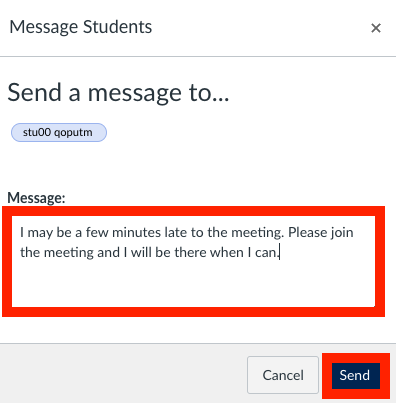 Screenshot of the message student box with the message text entered and the send button highlighted.