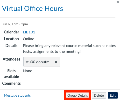 Screenshot of the appointment details box, with the Group Details button highlighted